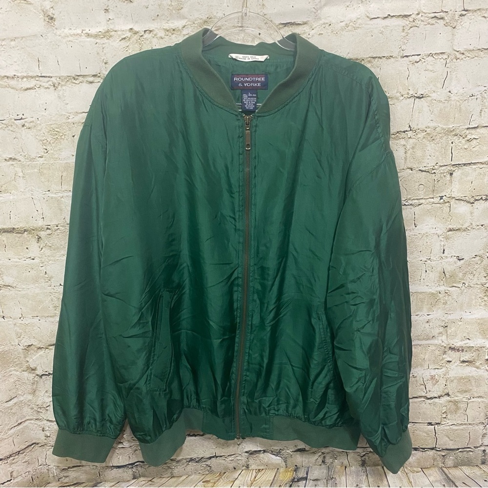 Vintage Roundtree & Yorke Green Silk Zip Up Bomber Jacket